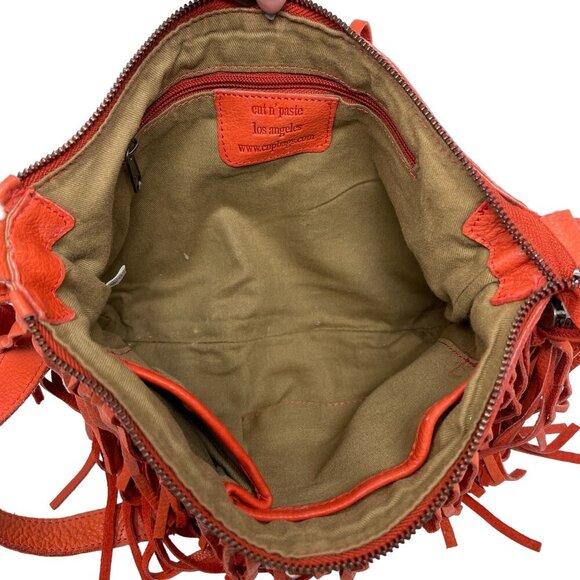 Cut n' Paste Fringe Orange Leather Purse Adjustable Strap Boho Slouchy - Picture 5 of 8